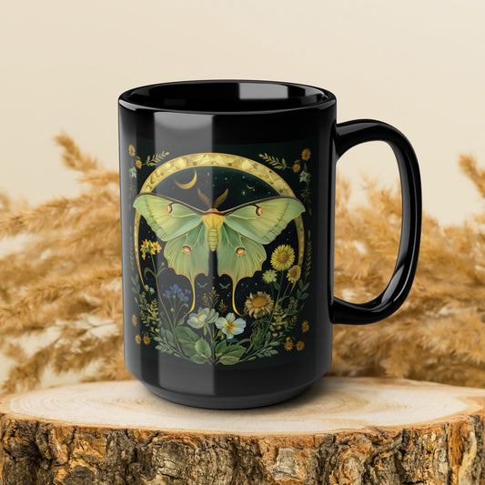 William Morris Inspired Luna Moth Crescent Moon Black Coffee Mug 11oz | Magical Luna Moth Ceramic Black Mug Gift