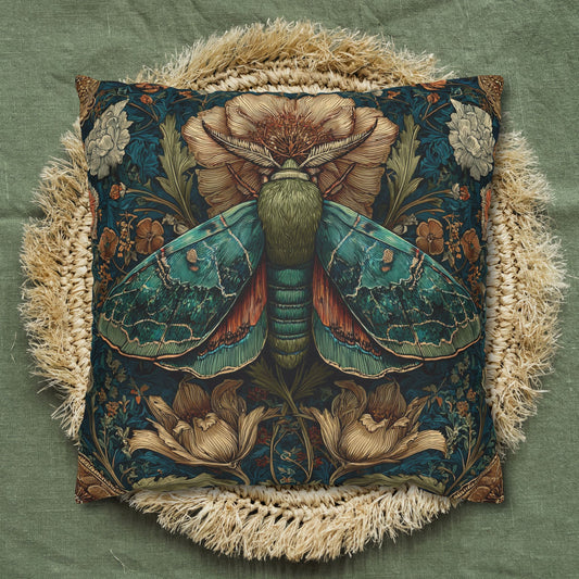William Morris Inspired Moth Pillowcase, Teal Botanical Art Nouveau Cushion, Vintage Floral Nature Square Pillowcase