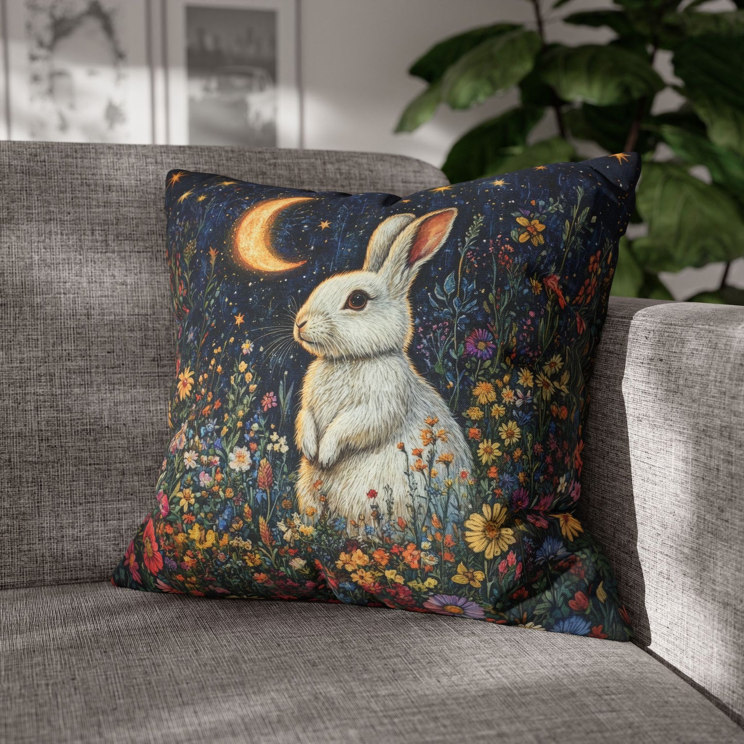 Rabbit Moon Wildflowers William Morris Inspired Pillowcase