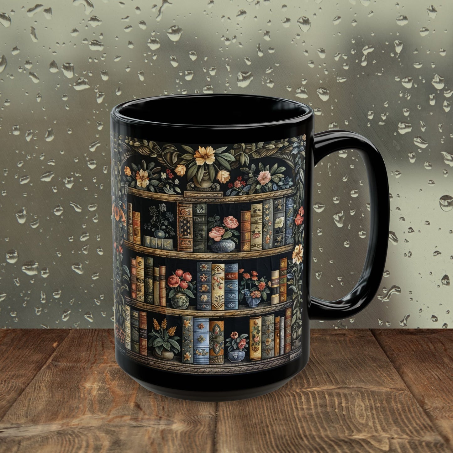 Vintage Bookshelf Mug, William Morris Style Library Black Ceramic Mug, Dark Academia Floral Book Lover Coffee Cup 11oz & 15oz