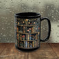 Vintage Bookshelf Mug, William Morris Style Library Black Ceramic Mug, Dark Academia Floral Book Lover Coffee Cup 11oz & 15oz
