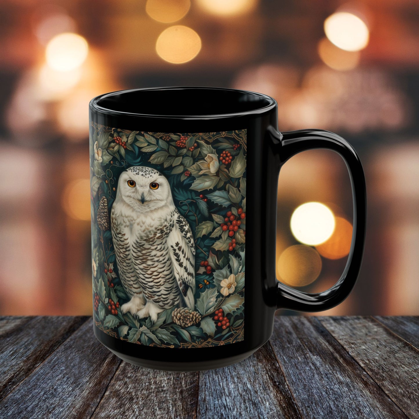 Snowy Owl Winter Mug: Black Ceramic Holiday Coffee Cup (11oz,15oz)