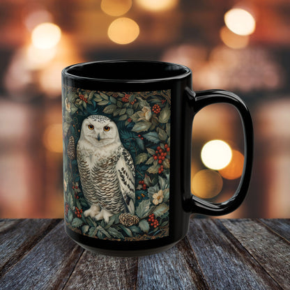 Snowy Owl Winter Mug: Black Ceramic Holiday Coffee Cup (11oz,15oz)