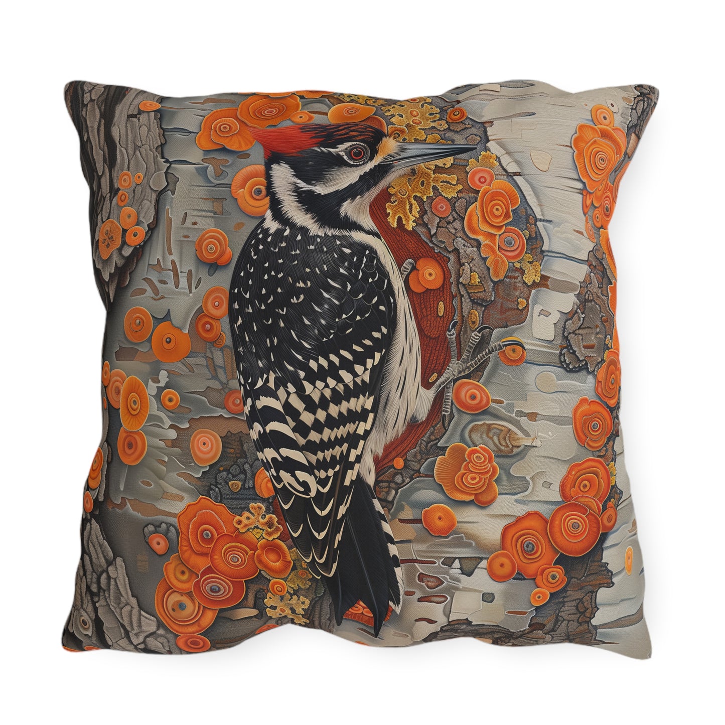 Woodpecker Outdoor Pillow, Bird Throw Pillow, Woodland Cushion, Rustic Cabin Decor Pillow, Nature Lover Gift, Botanical Accent Pillow, Wildlife Pillow