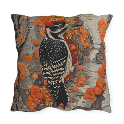 Woodpecker Outdoor Pillow, Bird Throw Pillow, Woodland Cushion, Rustic Cabin Decor Pillow, Nature Lover Gift, Botanical Accent Pillow, Wildlife Pillow
