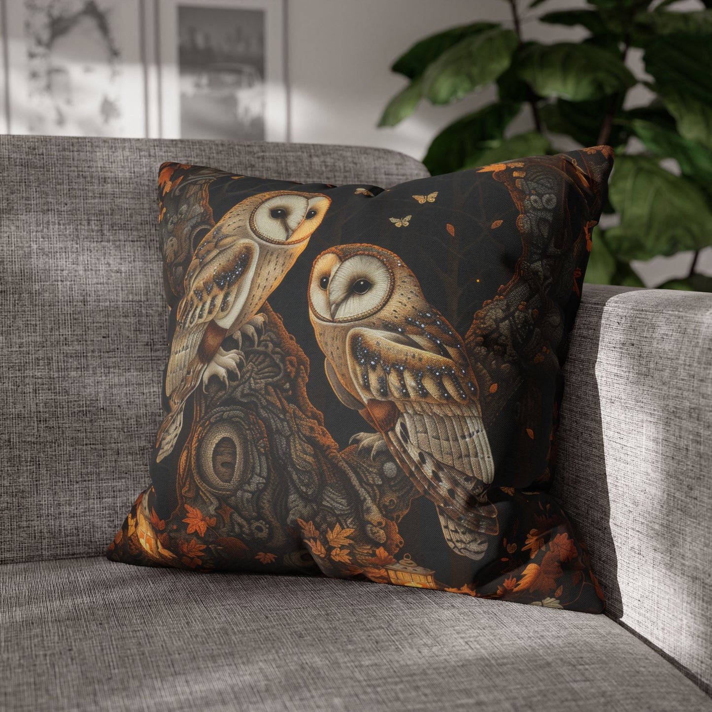 Enchanted Forest Owl Pillow, Decorative Fall Square Pillowcase