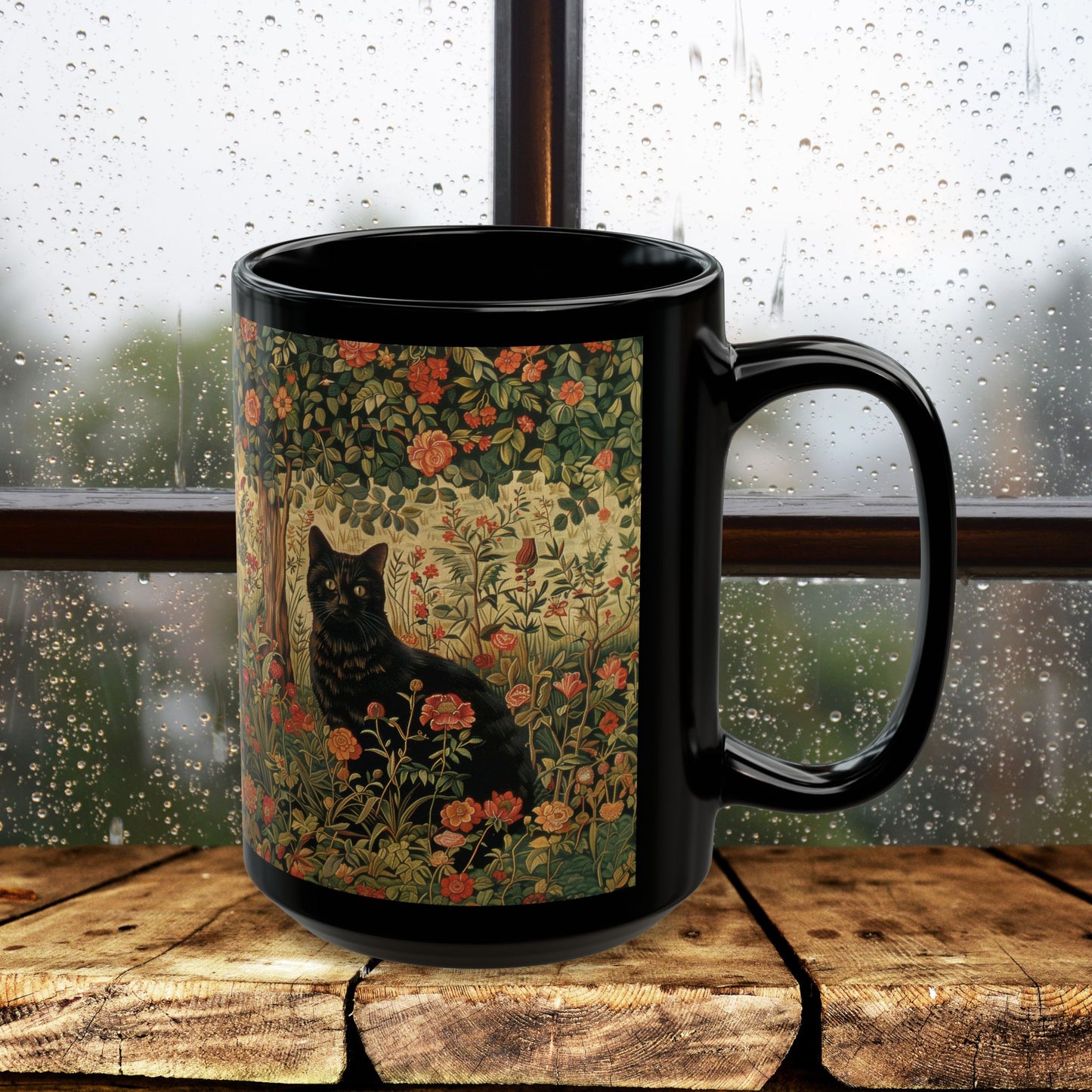 Black Cat Floral Mug, William Morris Style Botanical Cat Coffee Mug, Dark Academia Black Ceramic Mug 11oz & 15oz