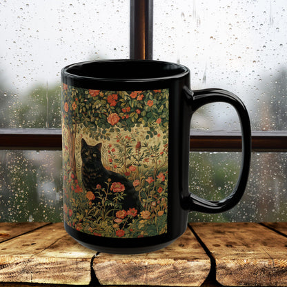 Black Cat Floral Mug, William Morris Style Botanical Cat Coffee Mug, Dark Academia Black Ceramic Mug 11oz & 15oz