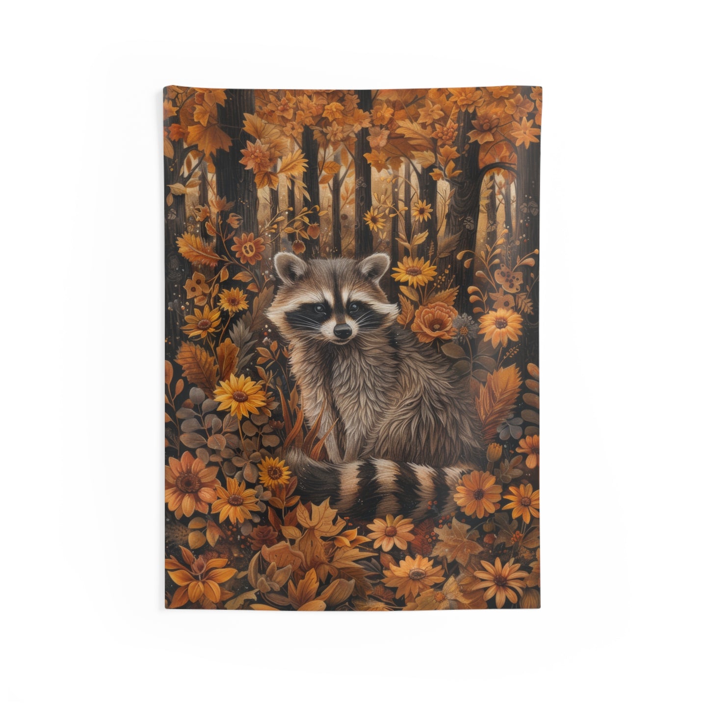 William Morris Inspired Woodland Raccoon Autumn Forest Tapestry Wall Art