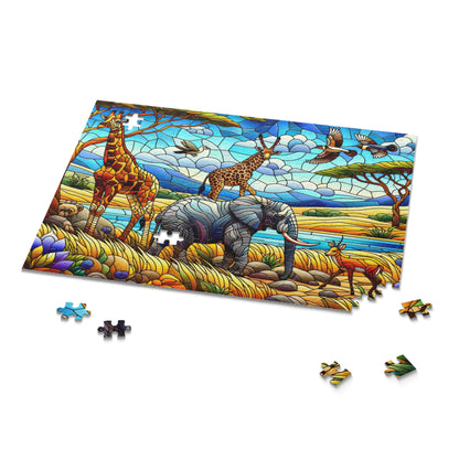 Stained Glass African Savanna forest landscape scene Jigsaw Puzzle (120, 252, 500-Piece)