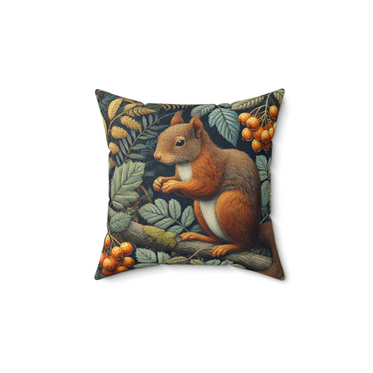 William Morris Inspired Woodland Squirrel Orange Berry Cottagecore Decorative Pillow