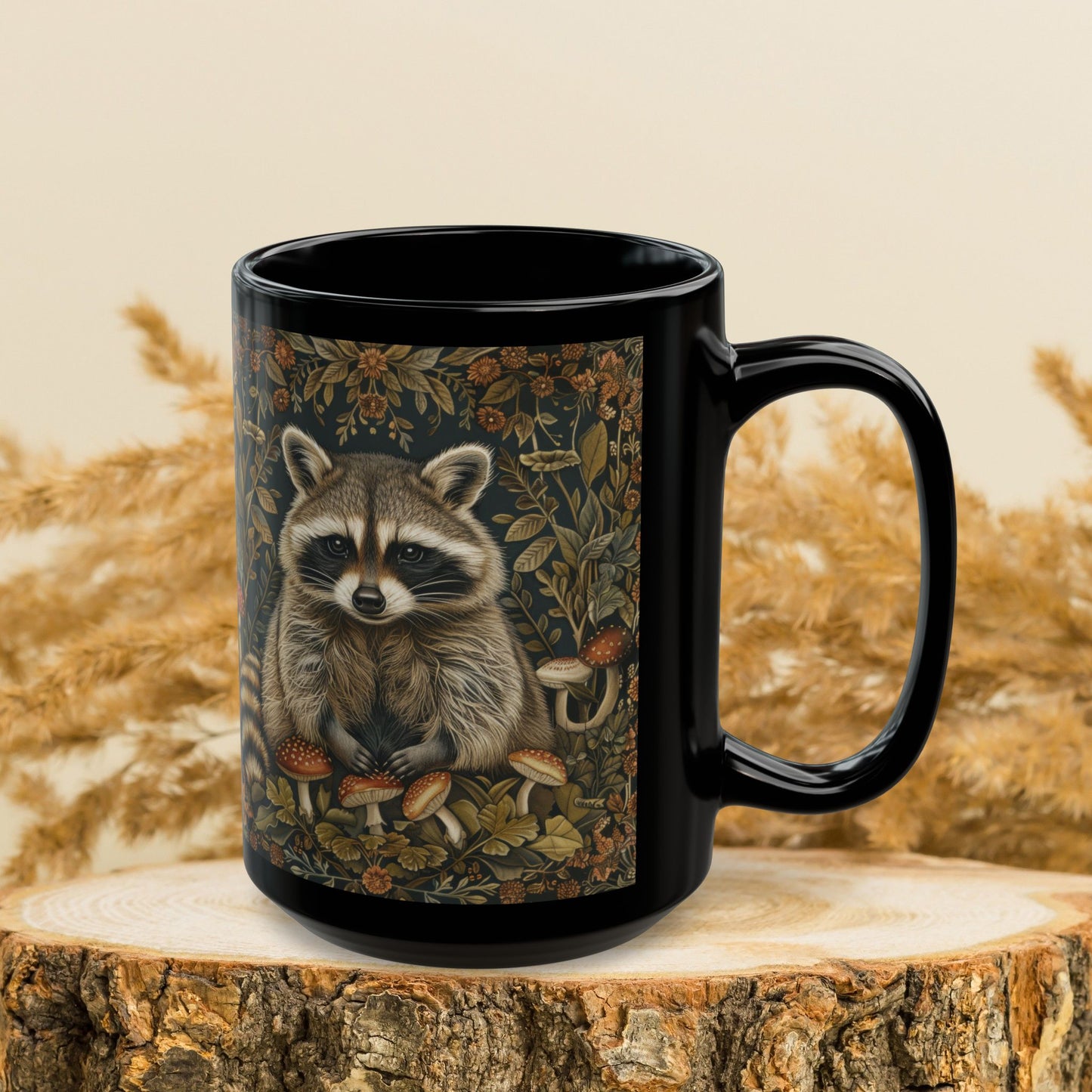 William Morris Inspired Raccoon Wild Mushroom Black Mug (10oz, 15oz)