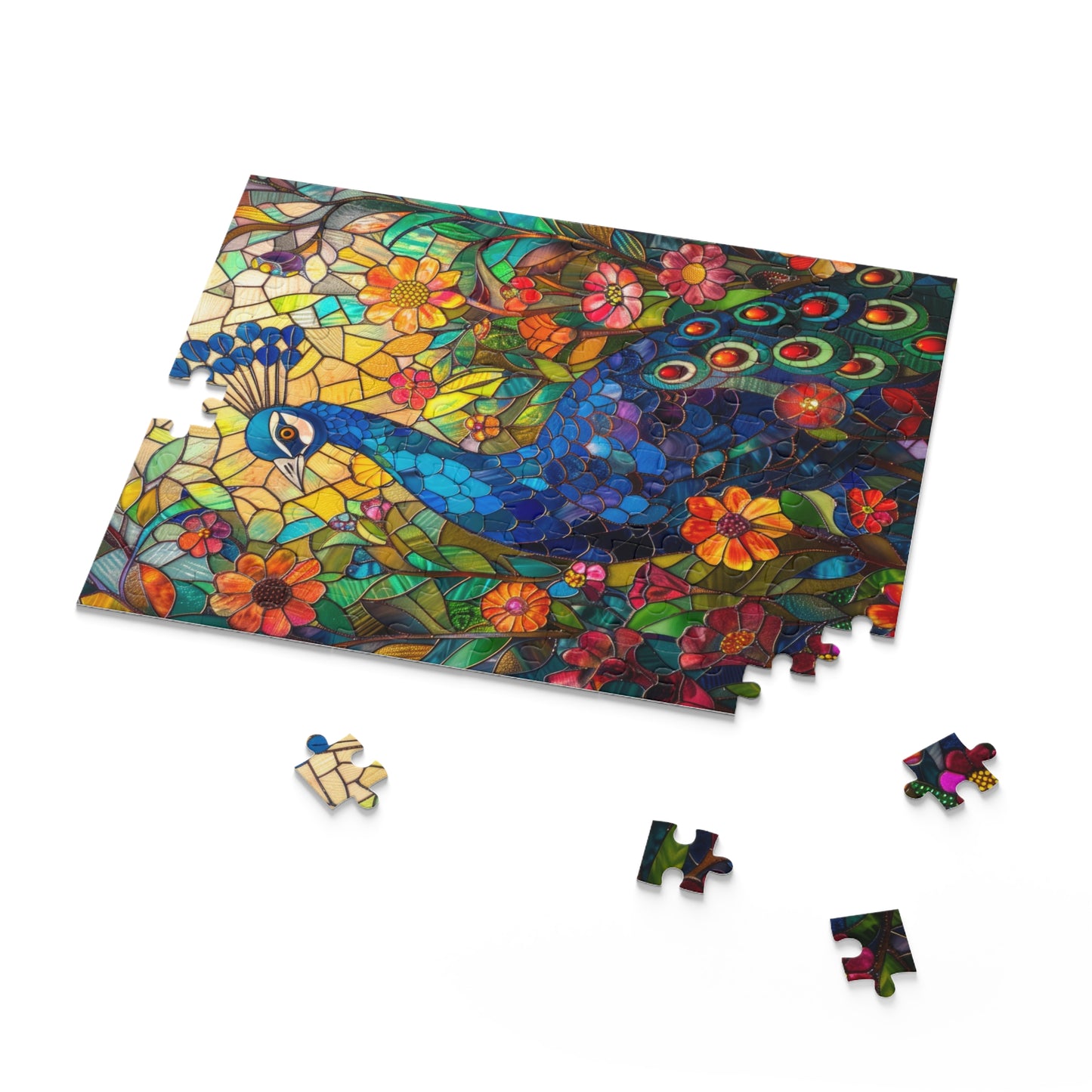 Stained Glass Peacock Wildflowers Puzzle Box (120, 252, 500-Piece) Family Jigsaw Puzzle, Puzzle Box Gift