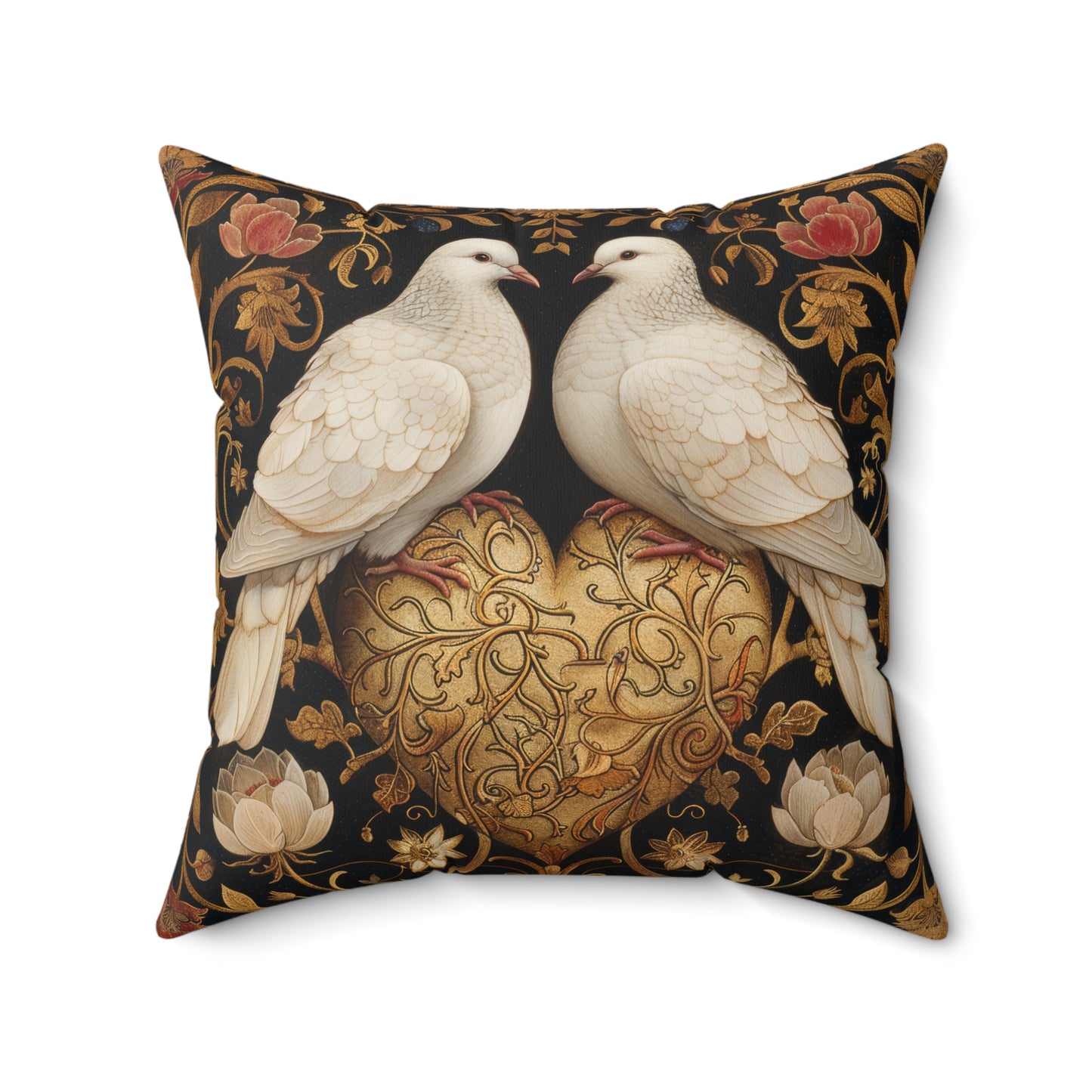 Victorian Ornate Lovebirds Pillow, Golden Heart Decorative Cushion, William Morris Inspired Home Decor, Dove Throw Pillow Cover, Elegant