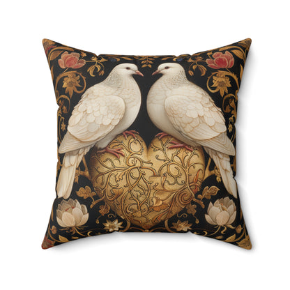 Victorian Ornate Lovebirds Pillow, Golden Heart Decorative Cushion, William Morris Inspired Home Decor, Dove Throw Pillow Cover, Elegant