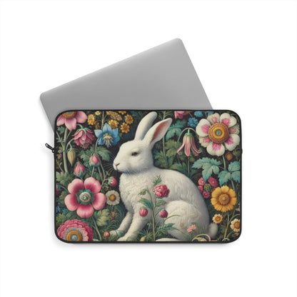 White rabbit Pastel Wildflower Laptop Sleeve, William Morris Design, Protective Case, Gift for Nature Lovers