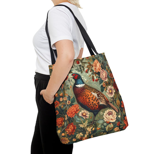 Botanical Pheasant Tote Bag, William Morris Inspired, Wild Animal Cottage-core Tote Bag, Eco-Friendly Carryall