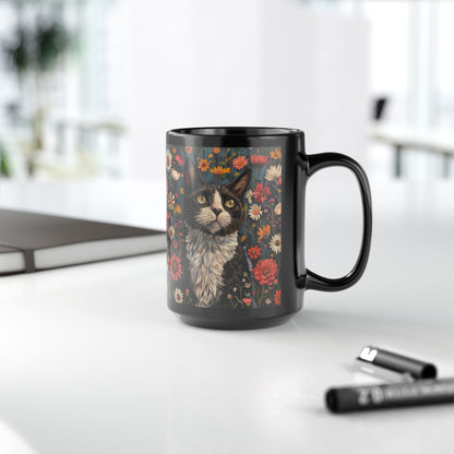 Tuxedo Cat Floral Mug, Vintage Botanical Cat Coffee Mug, William Morris Inspired Black Ceramic Mug 11oz & 15oz