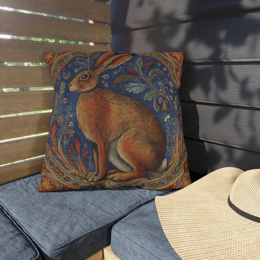 Woodland Hare Outdoor Pillow, Art Nouveau Rabbit Throw Pillow, Vintage Animal Cushion, Cottagecore Nature Decor, Rustic Patio Accent Pillow