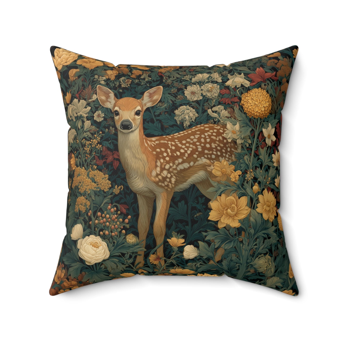 Woodland Fawn Floral Pillow, William Morris Style Baby Deer Botanical Decorative Cushion