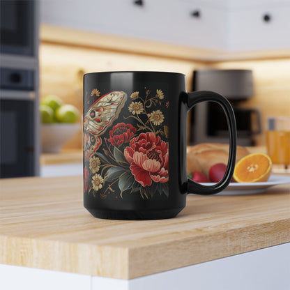 William Morris Inspired Moth Peony Embroidery Black Mug (11oz, 15oz)