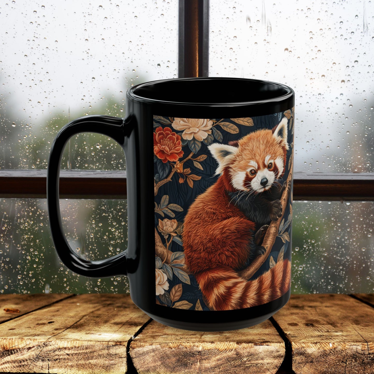 Red Panda Black Mug: William Morris Inspired Forest Design (11oz, 15oz)