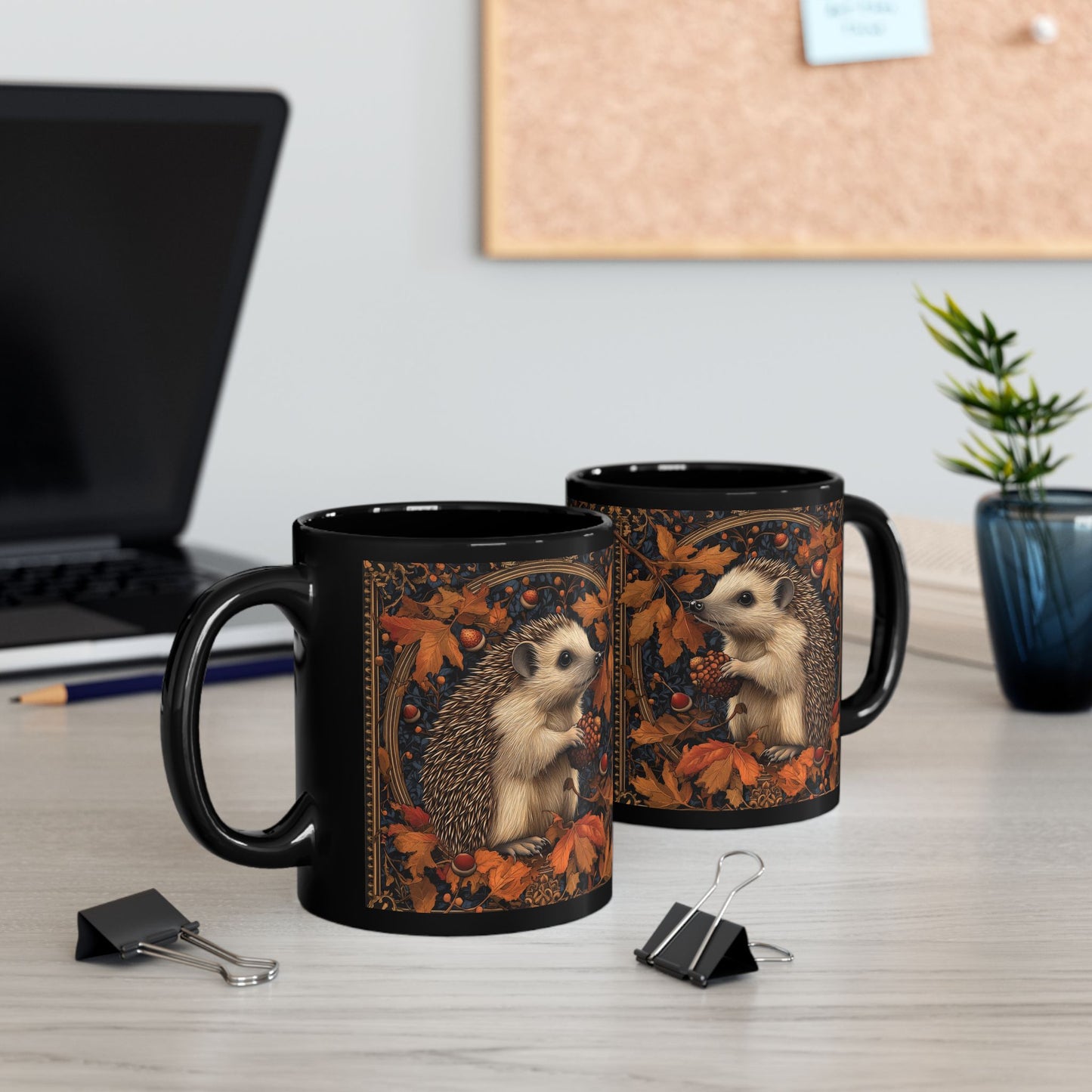 William Morris Inspired Hedgehog Fallen Leaves and Acorns, Black Coffee Mug For Her Him, Christmas Gift, Gift for Nature Lover,