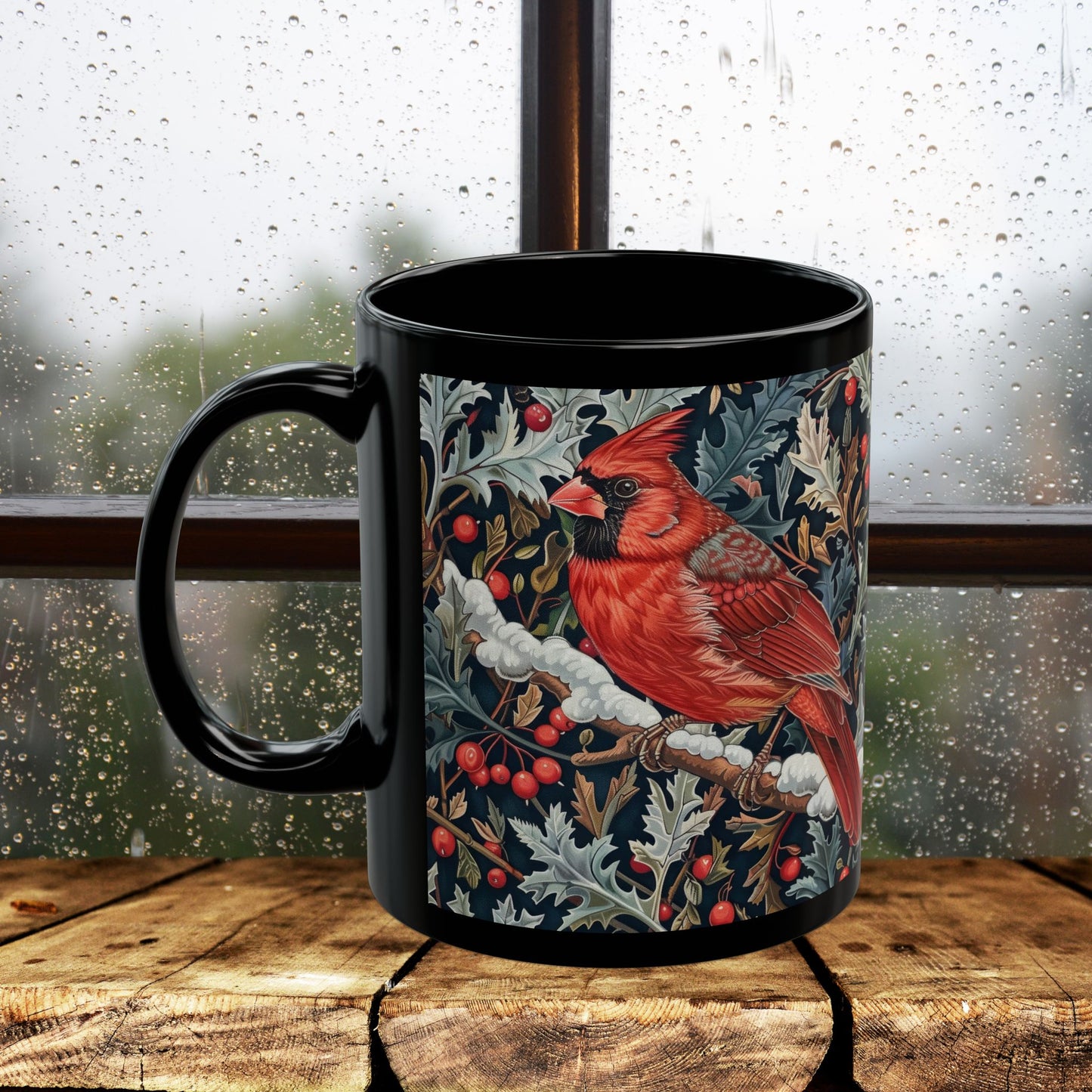 Red Cardinal Among Winter Florals Black Mug (11oz, 15oz)