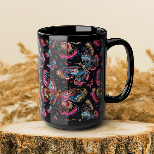 Pink Blue Butterfly Pattern Black Coffee Mug | Gift for Bird Lover Coffee Mug 11oz, 15oz