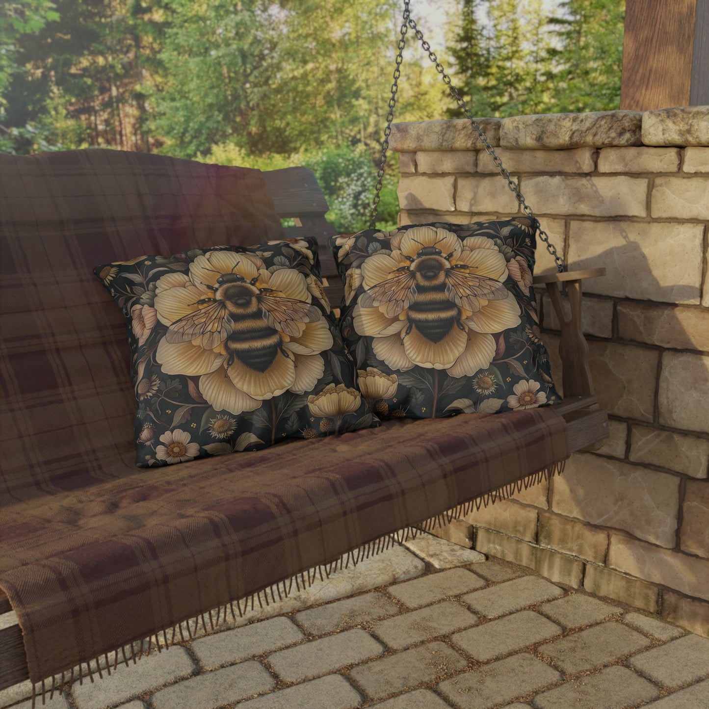 Bee Outdoor Pillow, Bumblebee Throw Pillow, Floral Garden Cushion, Pollinator Decor, Botanical Accent Pillow, Nature Lover Gift, Bee Lover Pillow