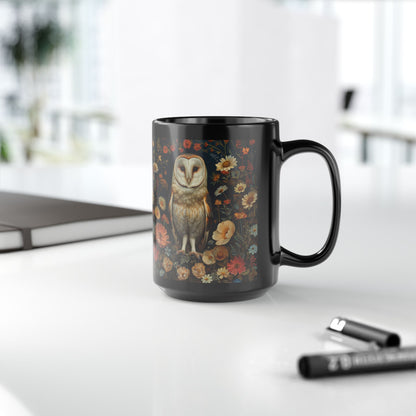 William Morris Inspired Barn Owl Wildflowers Black Coffee Mug 11oz | Mystical Owl For Her Him Ceramic Mug Black Mug