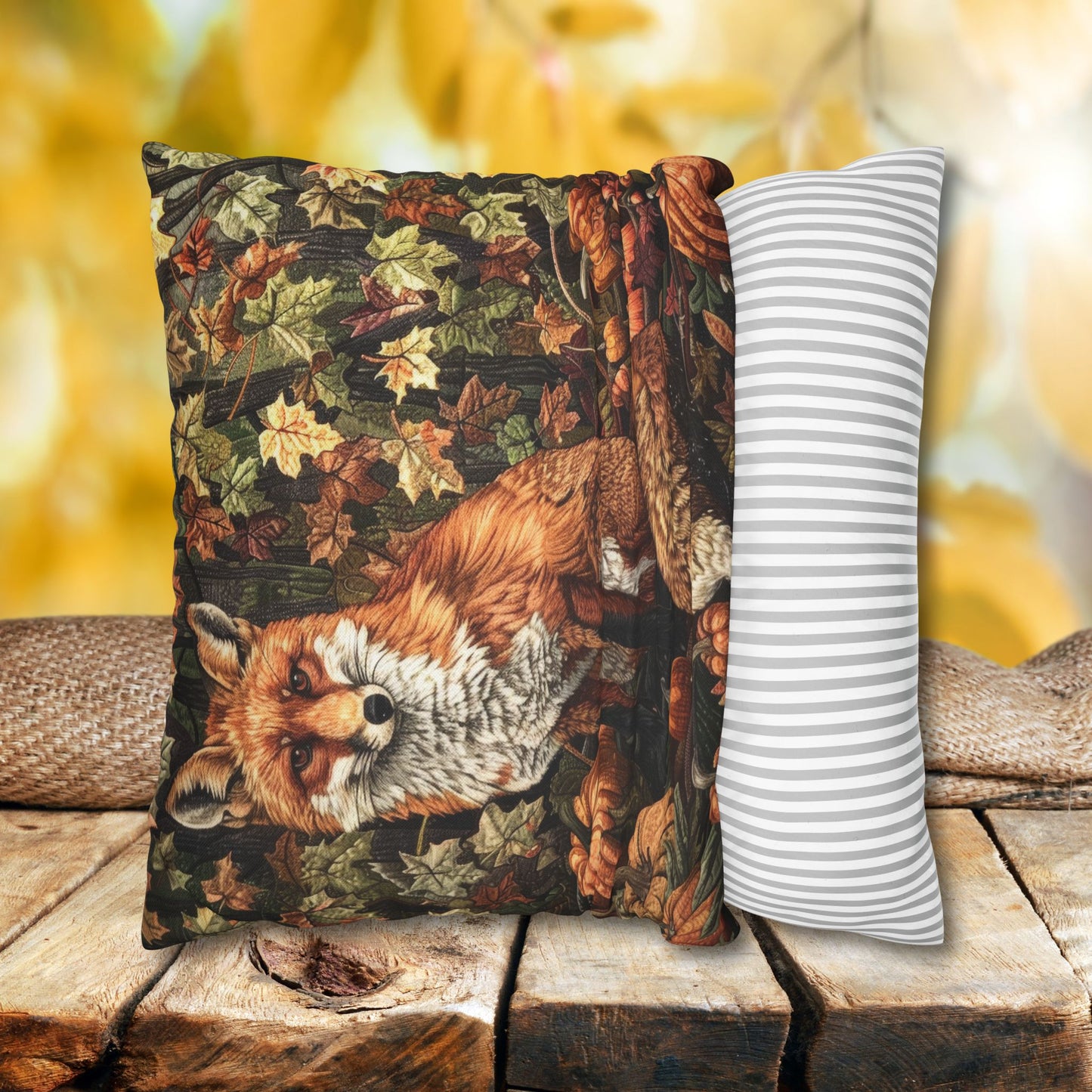 Fox in a Pumpkin Patch William Morris Inspired, Decorative Fall Pillow Decor, Spun Polyester Square Pillowcase