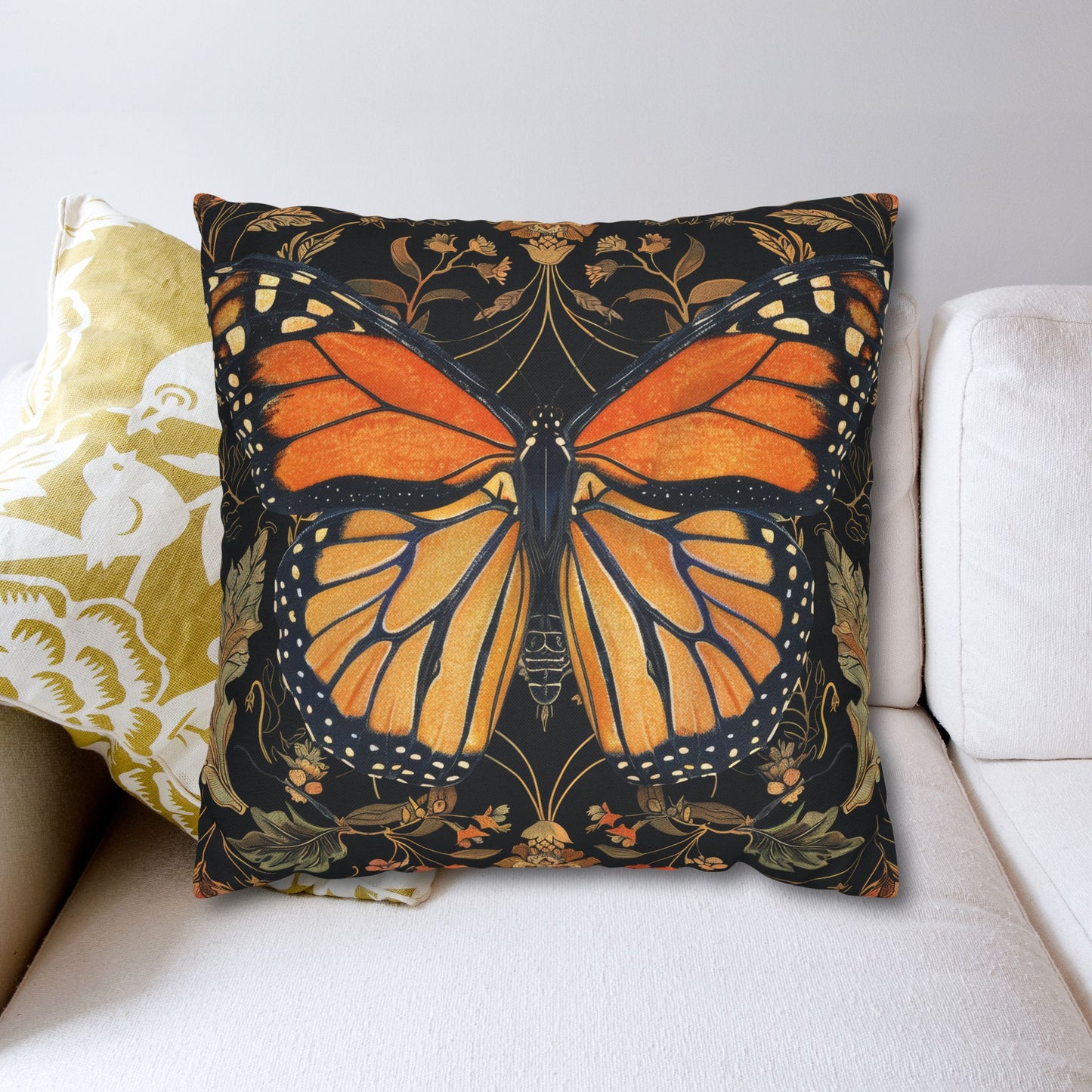 Woodland Monarch Butterfly Floral Botanical in the Style of William Morris Pillowcase