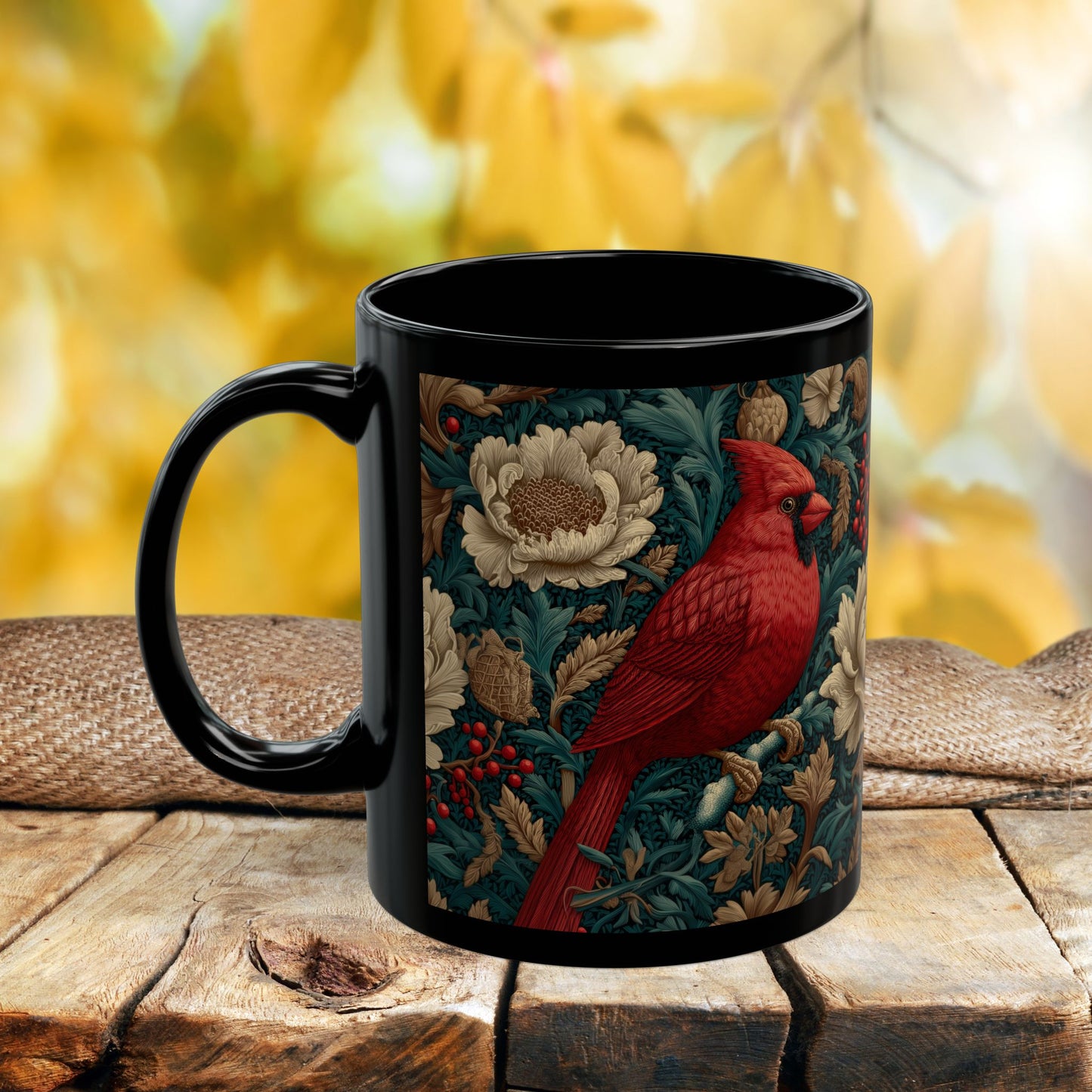 Red Cardinal Coffee Mug William Morris Inspired Floral Black Ceramic Cup (11oz, 15oz)
