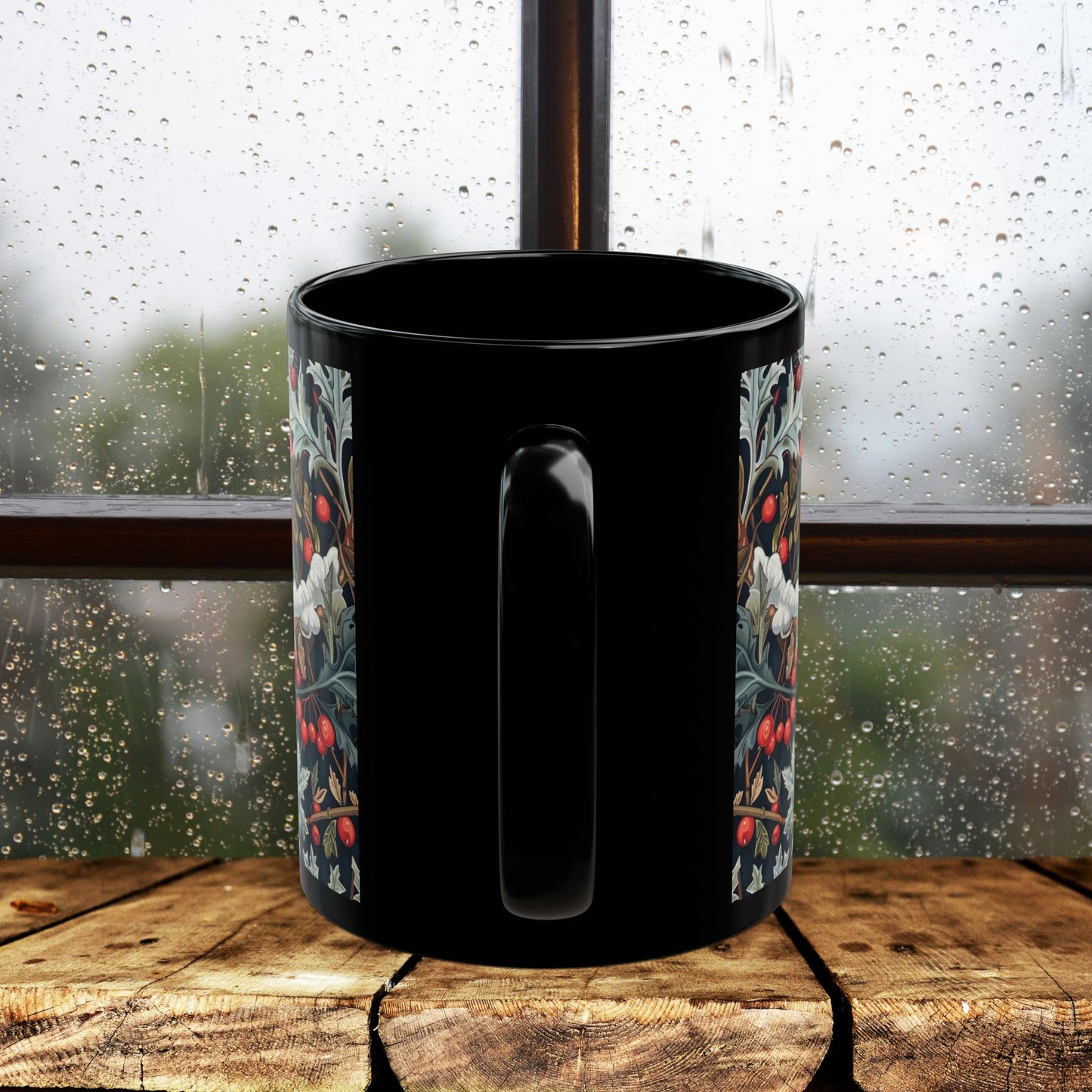 Red Cardinal Among Winter Florals Black Mug (11oz, 15oz)