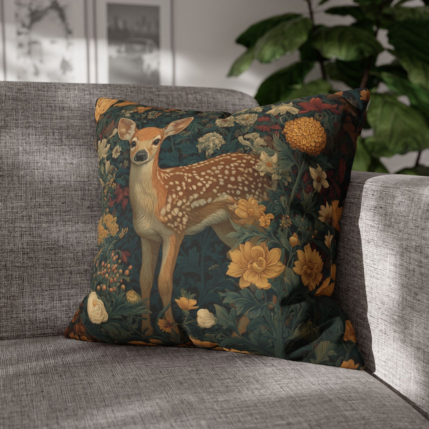 Poly Woodland Fawn Floral Pillowcase, William Morris Style Baby Deer Botanical Decorative Cushion