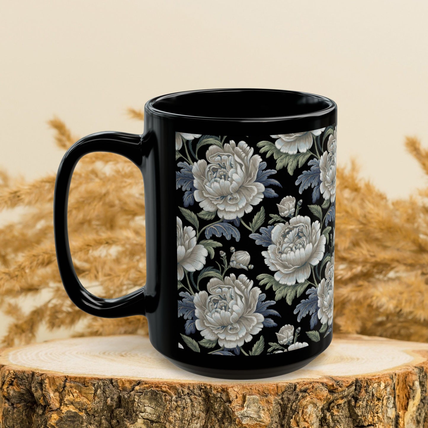 Vintage Roses Pattern Embroidery Black Mug 11oz