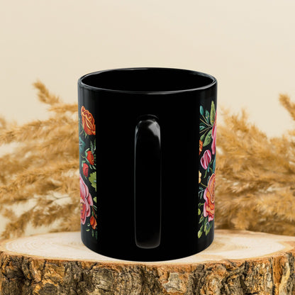 Vintage Roses Pattern Embroidery Black Mug 11oz