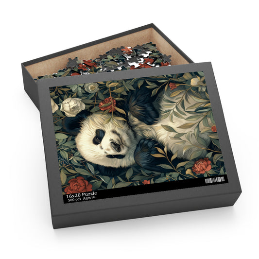 William Morris Inspired Forest Happy Panda Jigsaw Puzzle Box | Cottage-core Art Nouveau Puzzle Box (120, 252, 500-Piece)