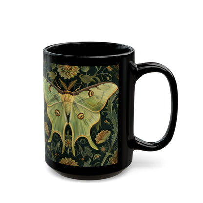 Woodland Luna Moth William Morris Inspired Black Coffee Mug For Her Him Ceramic Mug Black Mug 11oz, 15oz