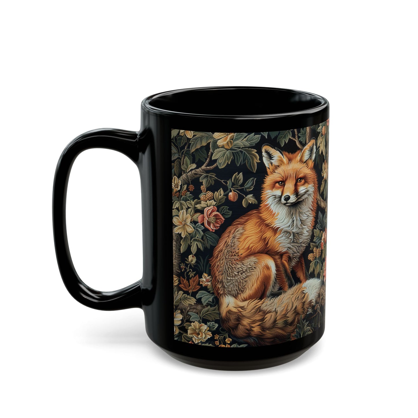 Forest Fox William Morris Inspired | Fox Ancient Black Coffee Mug For Her Him Ceramic Mug Black Mug 11oz, 15oz