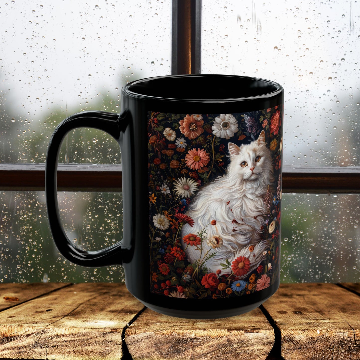William Morris Inspired White Persian Cat Florals Garden Black Coffee Mug, Cat Lover Gift