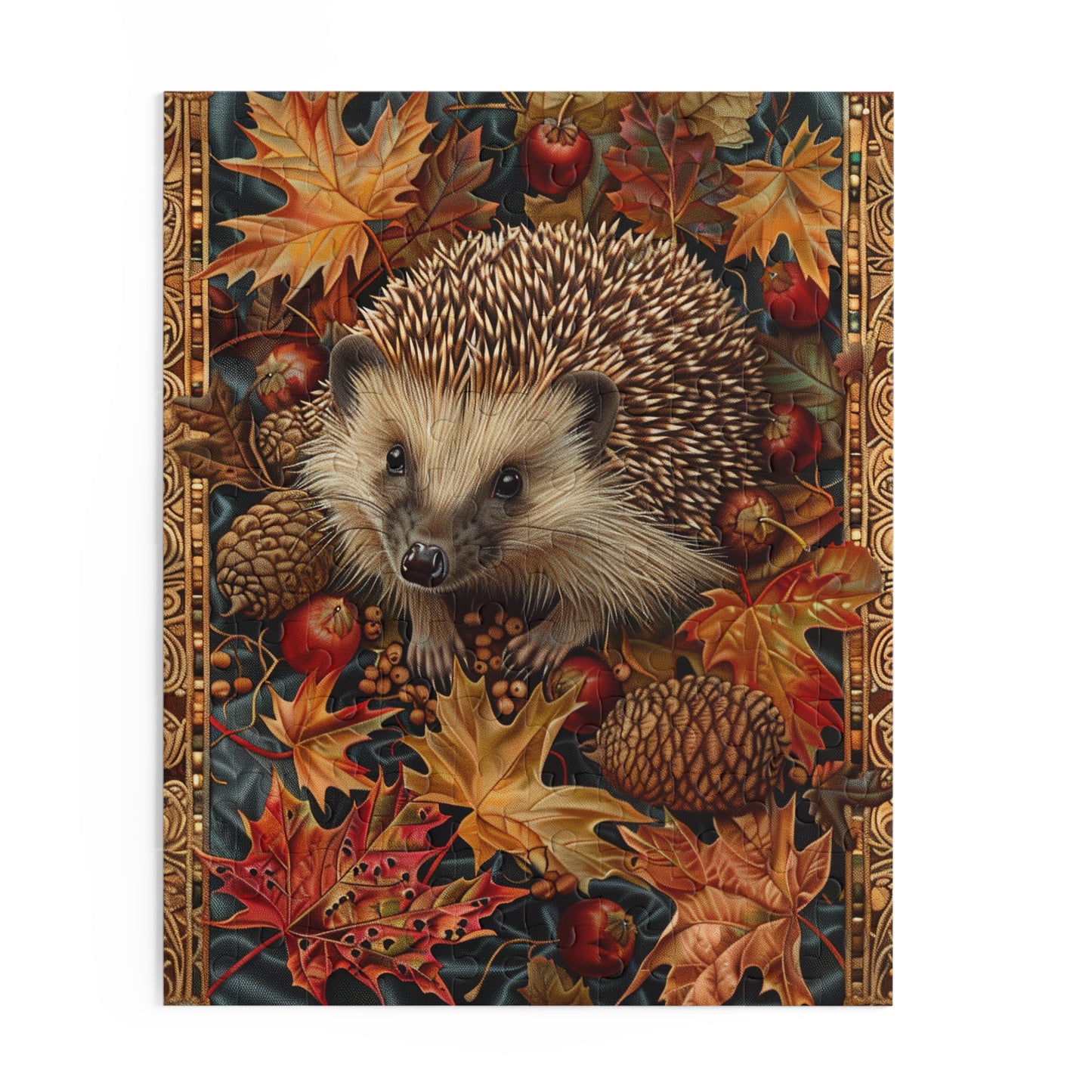 Hedgehog Fall Leaves William Morris Inspired Puzzle Box (120, 252, 500-Piece) Family Jigsaw Puzzle, Puzzle Box Gift