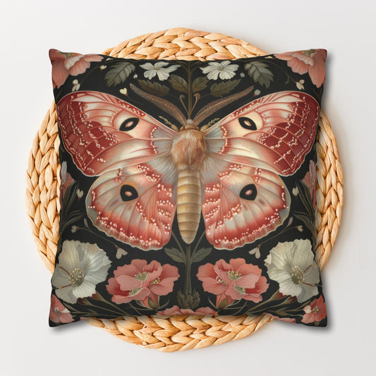 William Morris Inspired Woodland Pink Primrose Moth Decorative Pillowcase