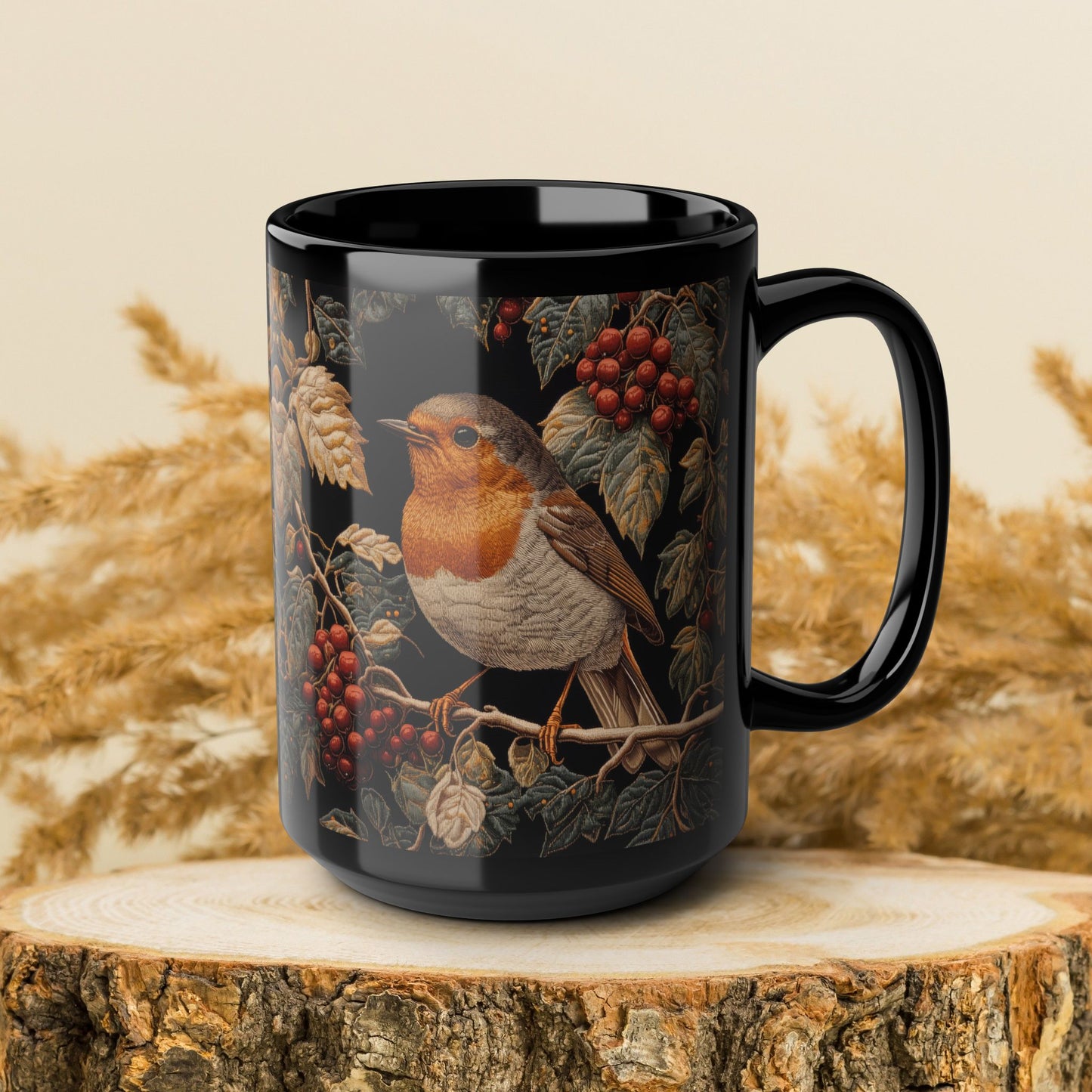 Winter Robin Black Coffee Mug, Red Berries Bird Art Cup, Woodland Nature Lover Gift, Christmas Tea Mug, Cozy Wildlife Ceramic (11oz/15oz)