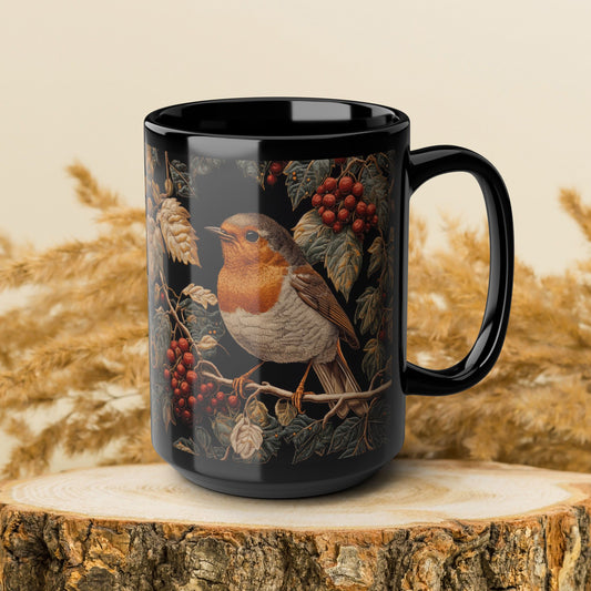 Winter Robin Black Coffee Mug, Red Berries Bird Art Cup, Woodland Nature Lover Gift, Christmas Tea Mug, Cozy Wildlife Ceramic (11oz/15oz)