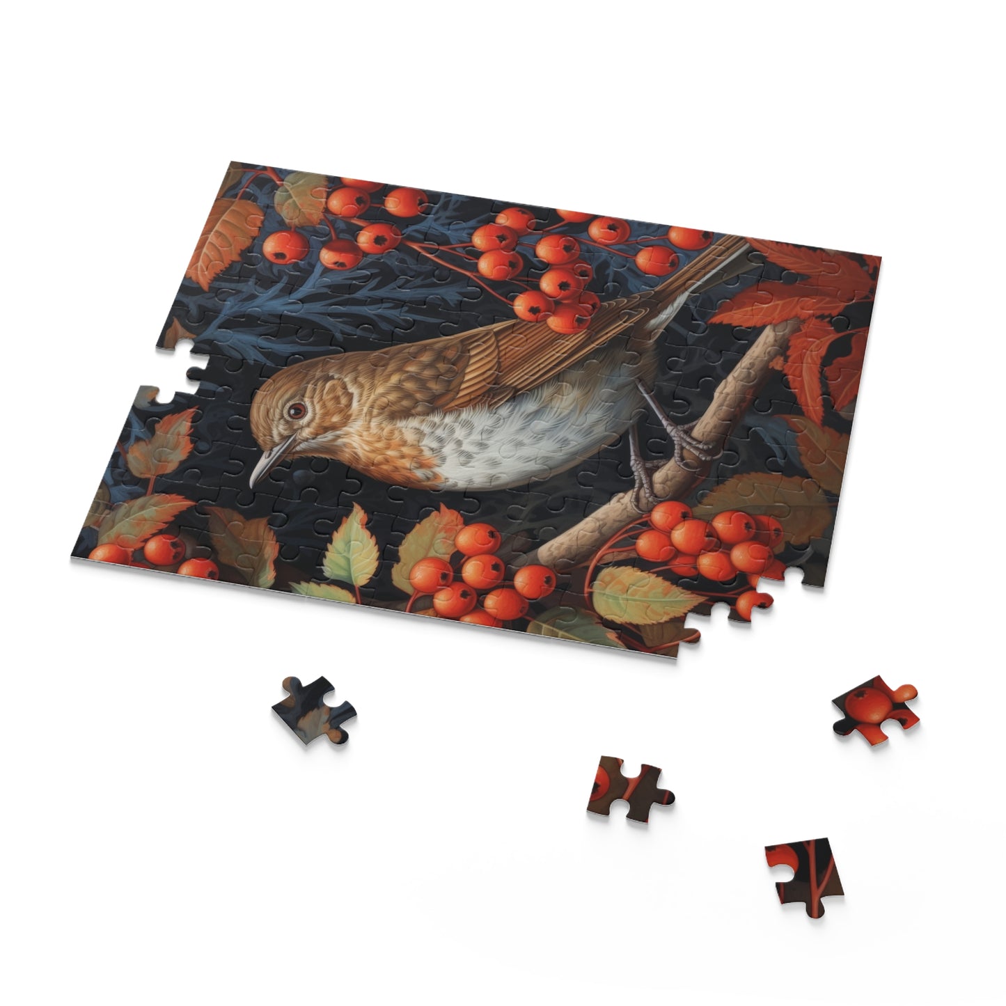 Albumen Thrush Bird Red Berries William Morris Inspired Puzzle Box (120, 252, 500-Piece) Family Jigsaw Puzzle, Puzzle Box Gift