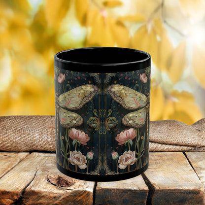 Victorian Dragonfly Coffee Mug, William Morris Inspired Pink Floral Black Ceramic Cup (11oz, 15oz)