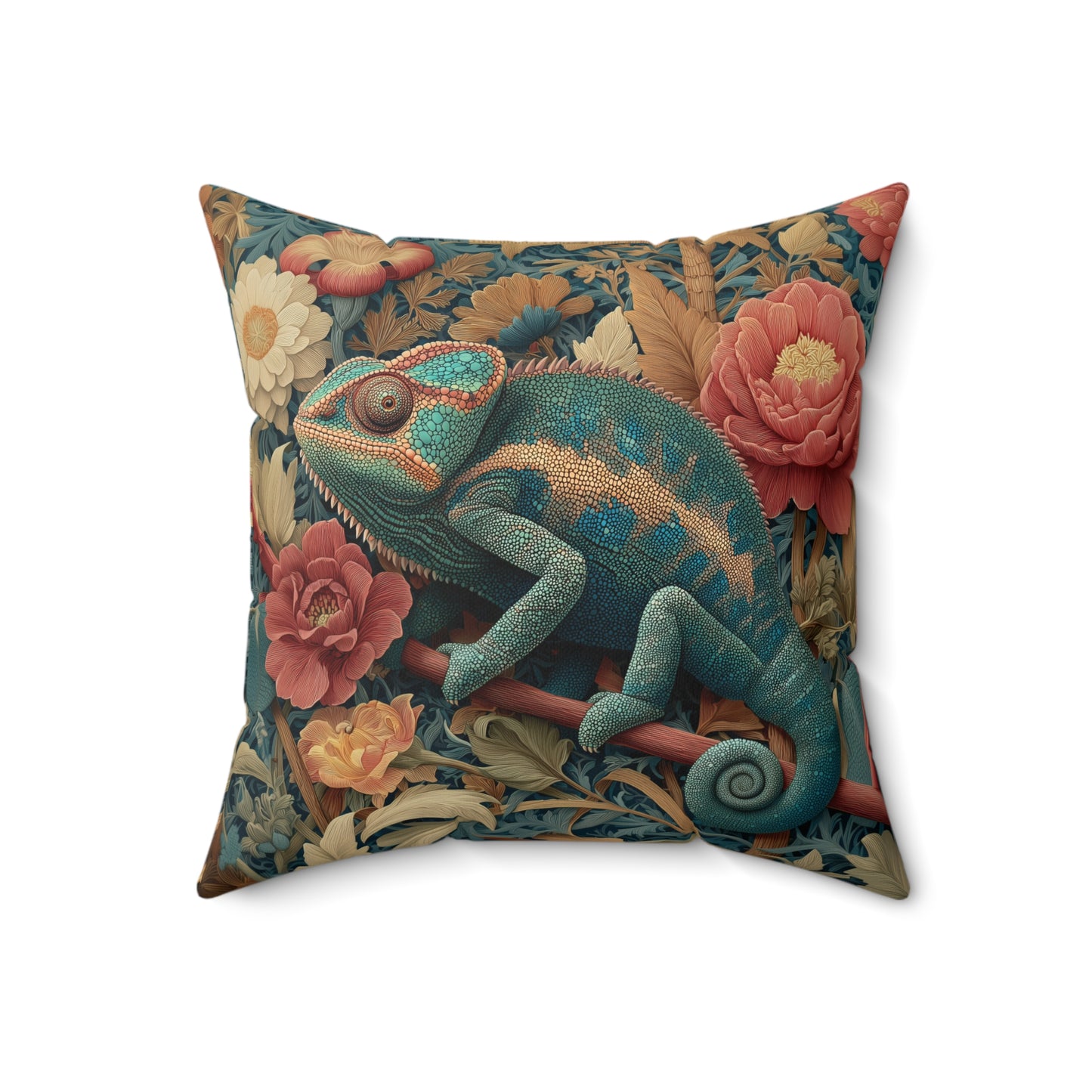 Teal Chameleon Floral Pillow, William Morris Style Lizard Cushion with Vintage Botanical Design