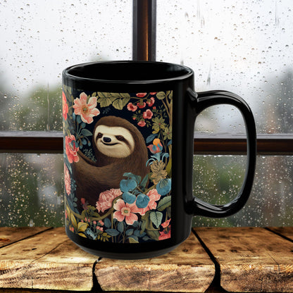 Floral Sloth Black Mug - Cute Coffee/Tea Cup (11oz & 15oz)